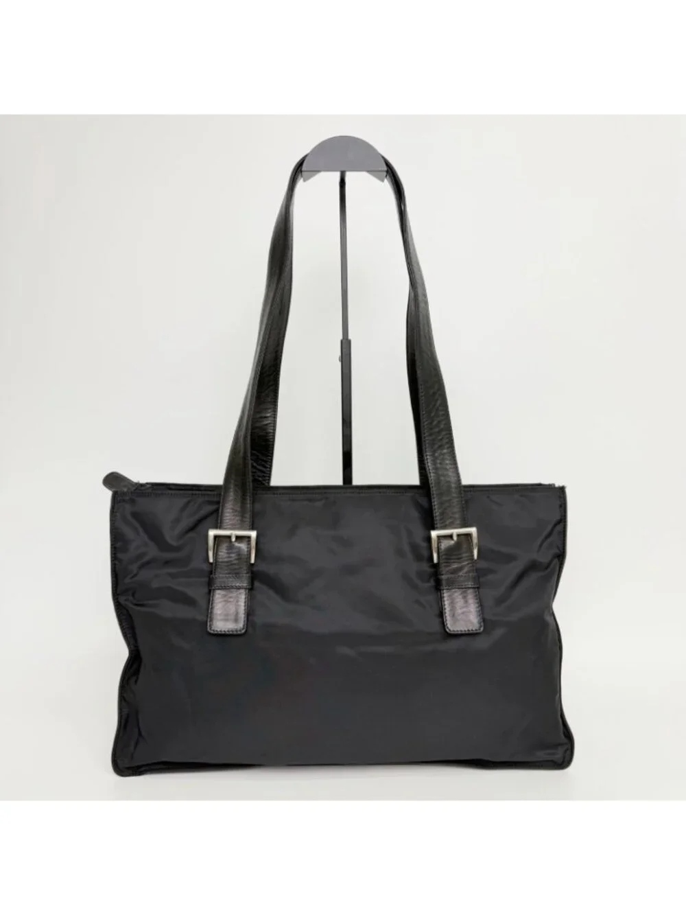 Prada Tessuto Nylon Leather Tote Shoulder Bag Black Silver Vintage